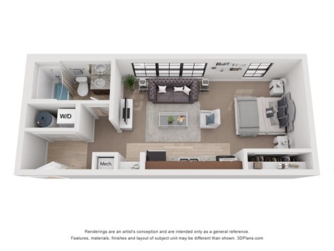 a stylized floor plan with a bedroom and living room